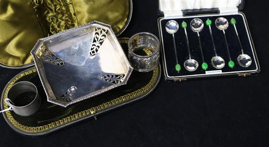 A silver dish, cased spoons, 2 napkin rings and a box